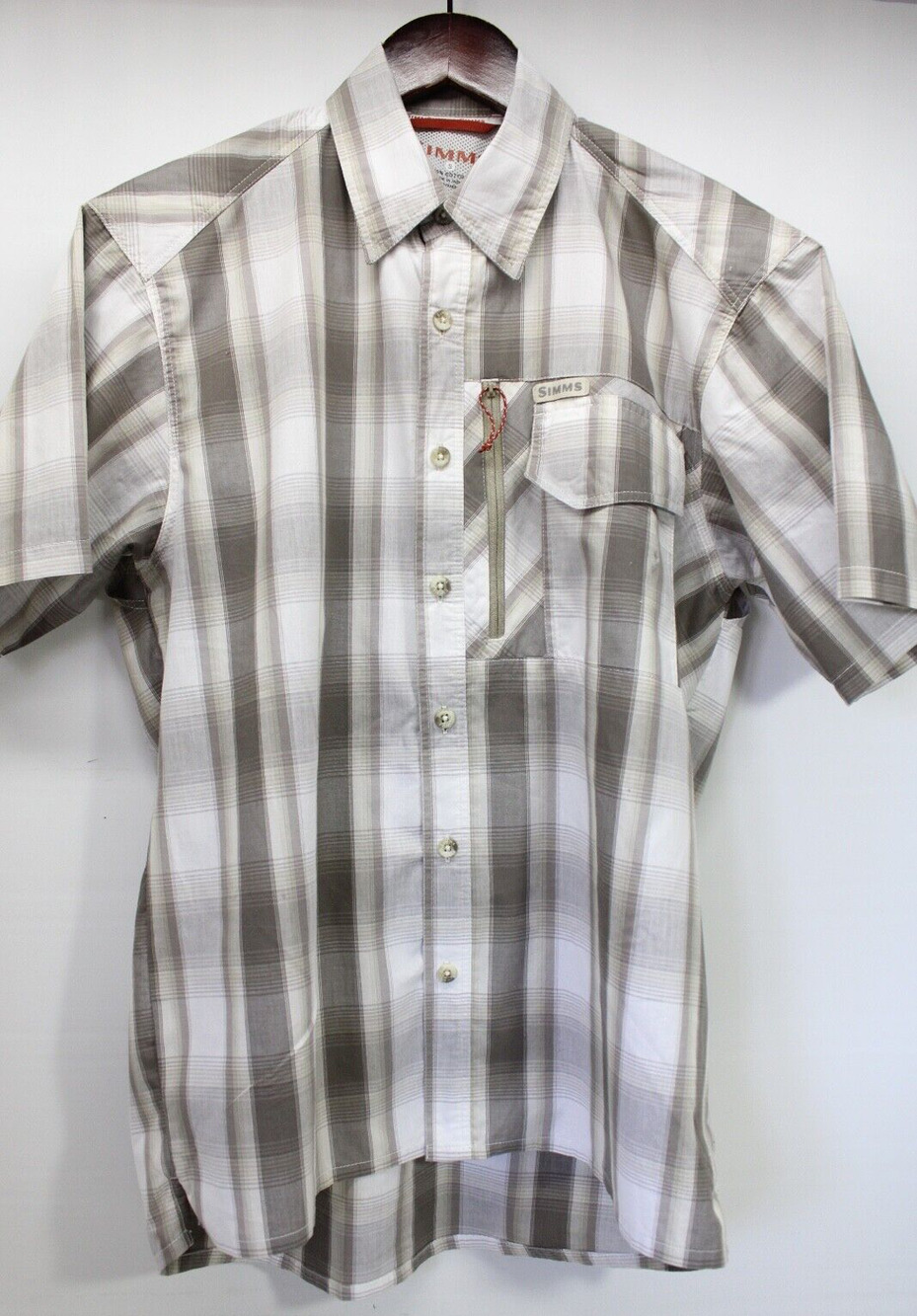 SIMMS FISHING SHIRT SHORT SLEEVE BUTTON FRONT TAUPE PLAID MEN'S SMALL